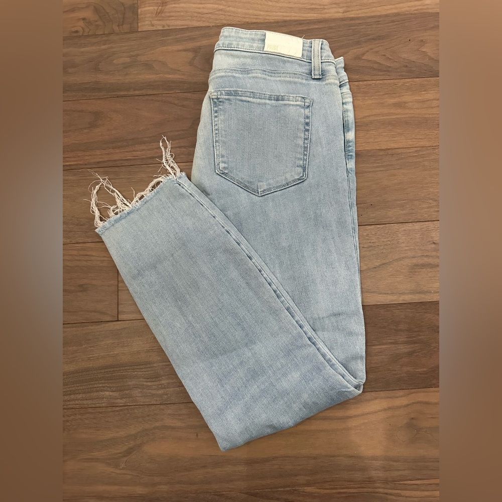 PAIGE Light Blue Cropped Jeans with Frayed Hem